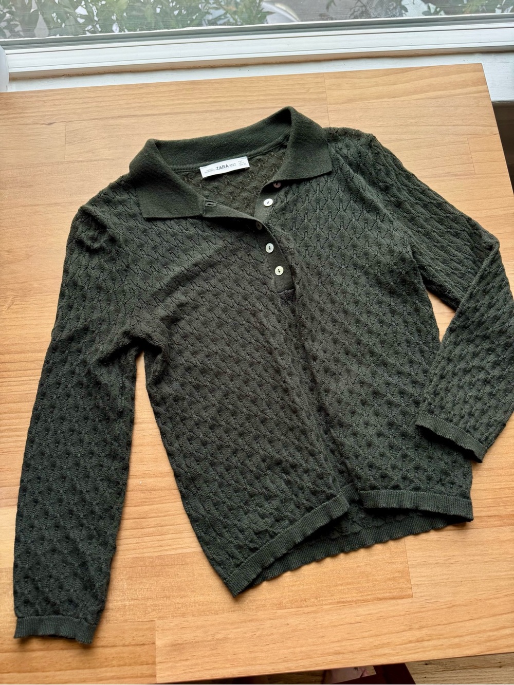 Zara Dark Olive Forest Green Polo Knit Sweater Semi-Sheer Lightweight Academia - Picture 6 of 9